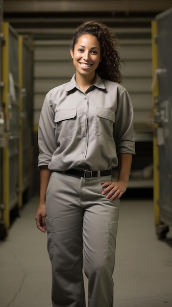 une femme en uniforme se tient devant un entrepôt avec un panneau disant qu'elle se tient devant lui