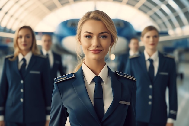 Une femme en uniforme de vol se tient devant un avion.