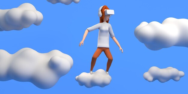 Photo femme utilisant des lunettes de réalité virtuelle survolant un nuage dans l'illustration 3d du métaverse espace de copie