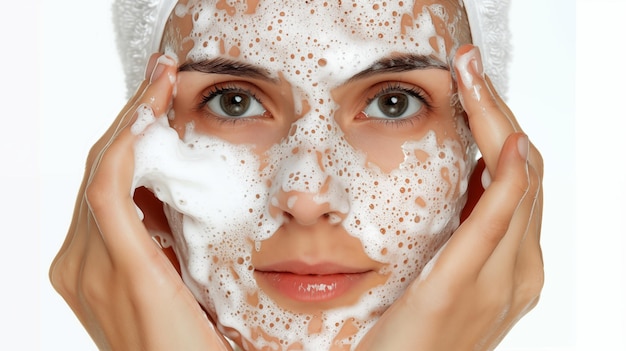 Femme utilisant de la mousse pour nettoyer et maintenir la santé de la peau