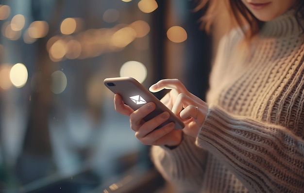 Une femme utilisant un smartphone avec un concept de médias sociaux tapant à la main et des icônes de courrier électronique travaillant à domicile