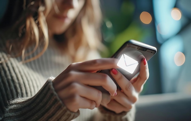 Une femme utilisant un smartphone avec un concept de médias sociaux tapant à la main et des icônes de courrier électronique travaillant à domicile