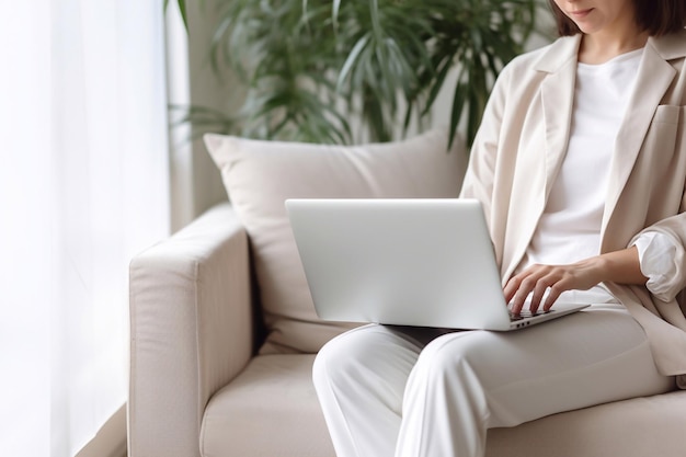 femme utilisant son téléphone portable et son ordinateur portable à la maison dans le salon