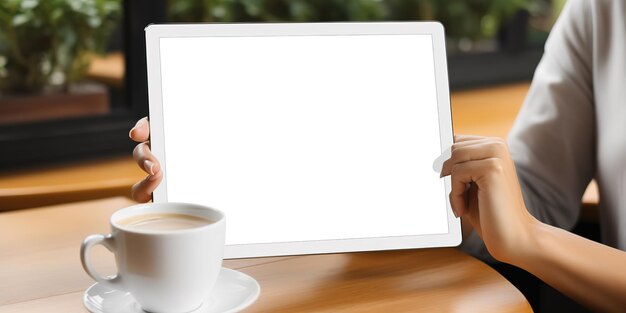 Femme utilisant une tablette numérique avec une tasse de café sur la table