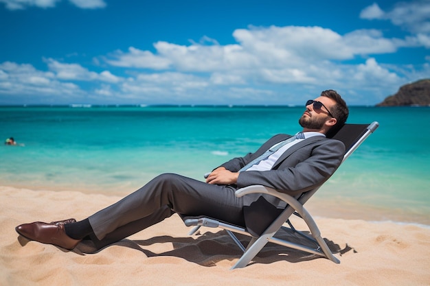 Femme utilisant une tablette numérique tout en se relaxant dans une chaise de plage sur la plage