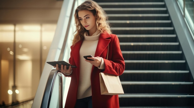 Femme utilisant une tablette et tenant un sac à provisions Black Friday en se tenant debout dans les escaliers avec le fond du centre commercial