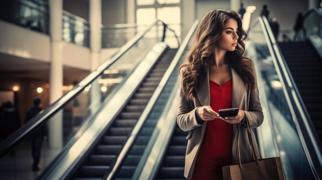 Femme utilisant une tablette et tenant un sac à provisions Black Friday en se tenant debout dans les escaliers avec le fond du centre commercial