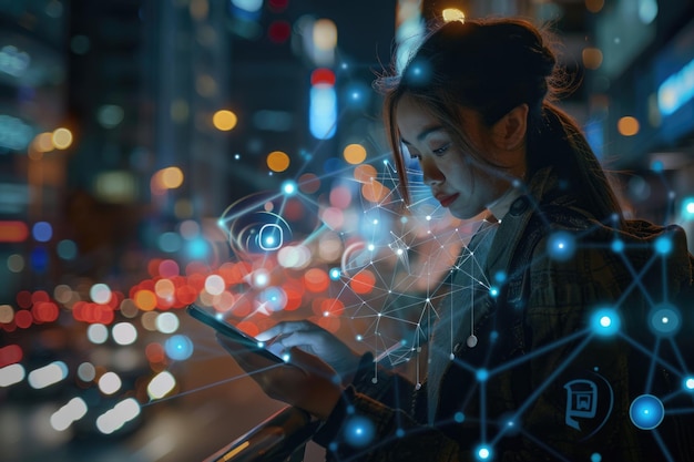 Une femme utilisant un téléphone intelligent dans une ville intelligente IoT