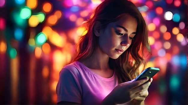 Photo femme utilisant un téléphone intelligent mobile dans le fond coloré de la lumière nocturne