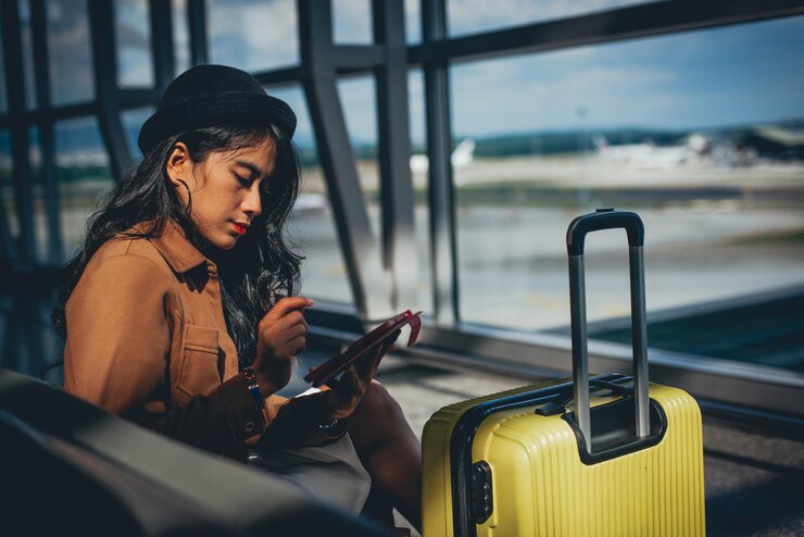 Photo femme utilisant un téléphone portable dans la zone de départ de l'aéroport