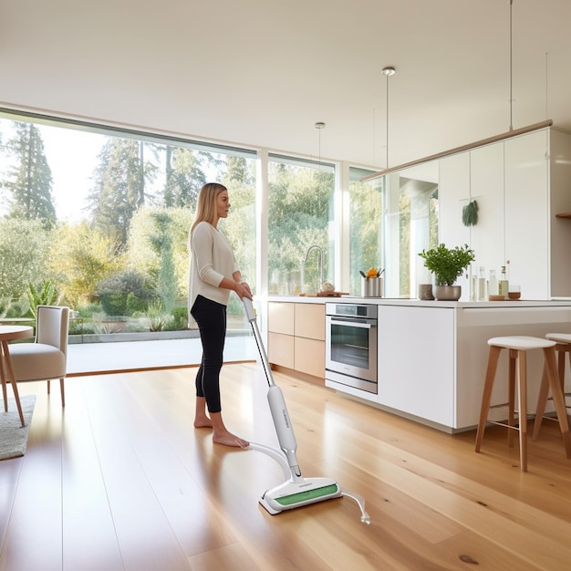 Femme utilisant une vadrouille pour nettoyer un plancher de bois franc dans une cuisine ai générative