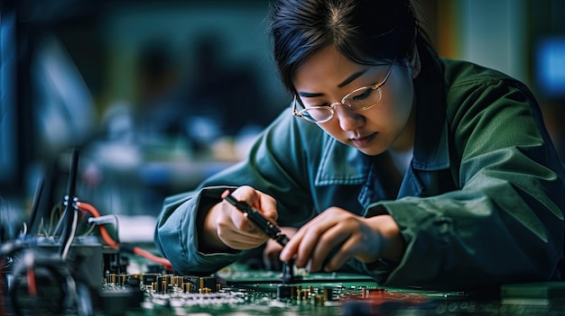 Une femme utilise une pince pour assembler des circuits imprimés pour les travailleurs d'une usine d'électronique de smartphones dans une usine de haute technologie.