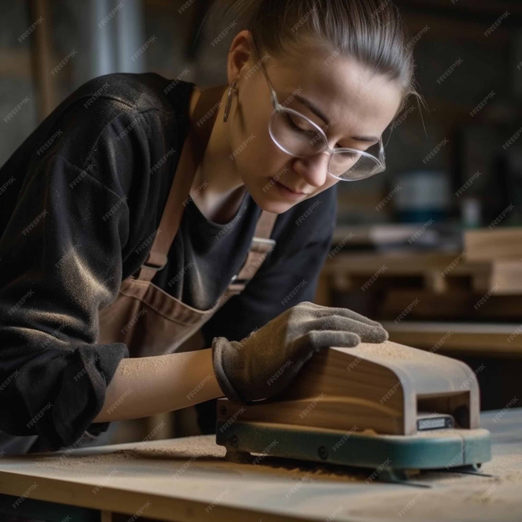 Une Femme Utilise Une Ponceuse Pour Fabriquer Un Morceau De Bois.