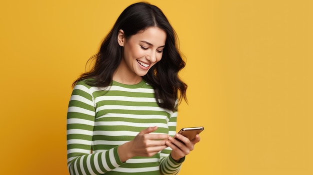 Une femme utilise un smartphone portant un pull rayé sur un fond coloré