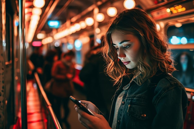 Une femme utilise son smartphone à la station de métro.