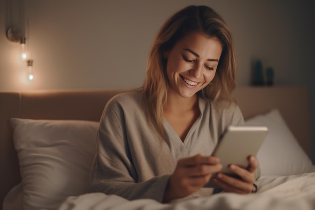 Une femme utilise une tablette au lit et sourit.