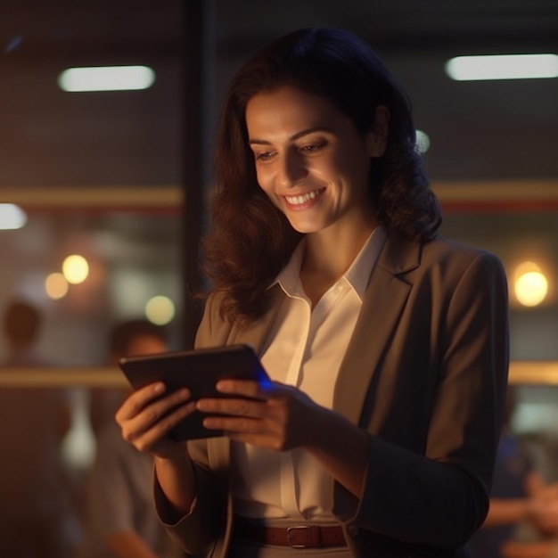 Une femme utilise une tablette avec une lumière bleue en arrière-plan.