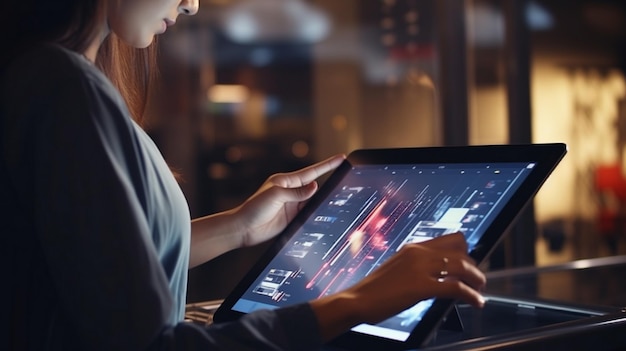 une femme utilise une tablette avec les mots " le mot " sur l'écran.