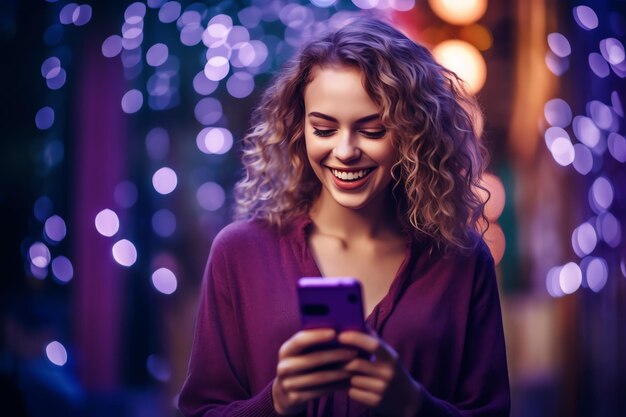 Une femme utilise un téléphone à l'extérieur avec des lumières en arrière-plan