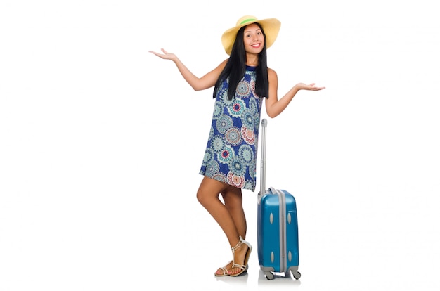 Femme avec valise isolé sur blanc