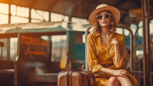 Femme sur des valises à l'aéroport