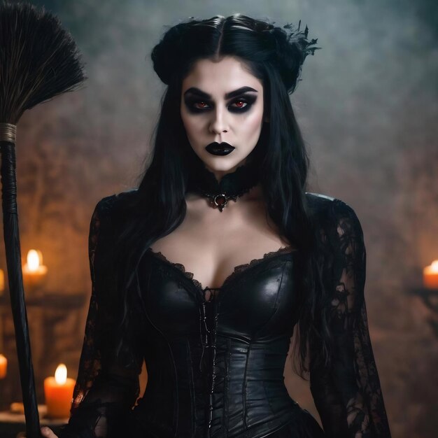 Une femme vampire en forme posant avec du maquillage noir