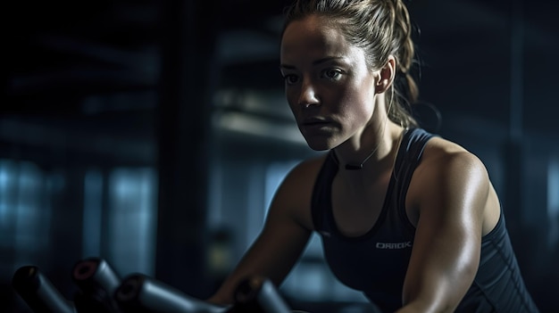 Une femme sur un vélo dans une salle de sport