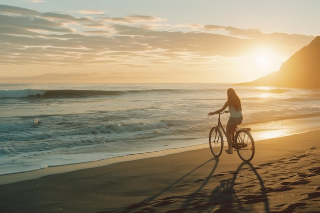 Photo une femme sur un vélo sur la plage avec le soleil couchant derrière elle