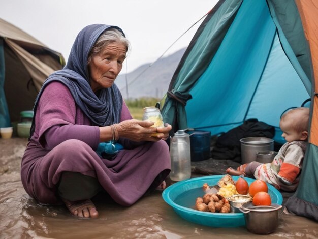 une femme vend des fruits et des légumes dans une tente bleue