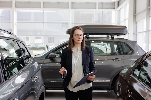 Une femme vend une voiture chez un concessionnaire automobile et remet les clés à l'acheteur belle femme responsable des ventes de voitures