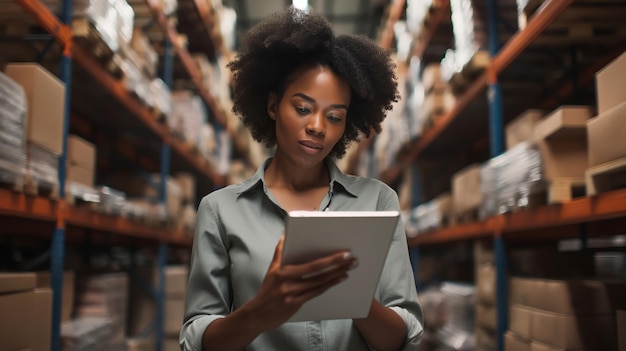 Femme vérifiant la tablette dans l'entrepôt