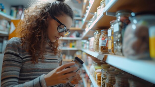 Photo une femme vérifie la date de péremption des articles du garde-manger.