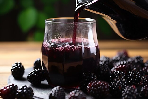 Femme versant du jus de mûres de la cruche dans le verre