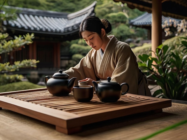 une femme verse du thé dans une théière