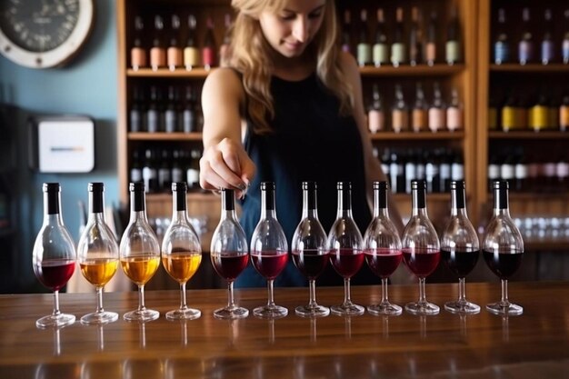 Photo une femme verse du vin dans une rangée de verres à vin