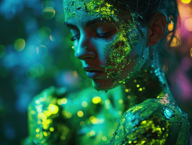 Une femme en vert brillant peinture d'illumination verte art du corps AI génératif