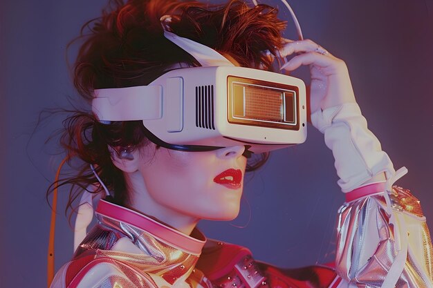 Photo femme en veste argentée portant un casque de réalité virtuelle dans un style futuriste