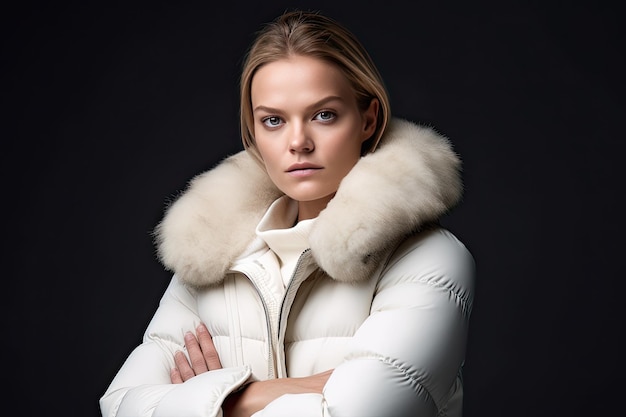 Une femme en veste blanche avec les bras croisés