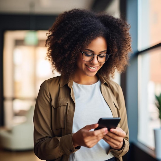 une femme avec une veste brune envoie des messages sur son téléphone