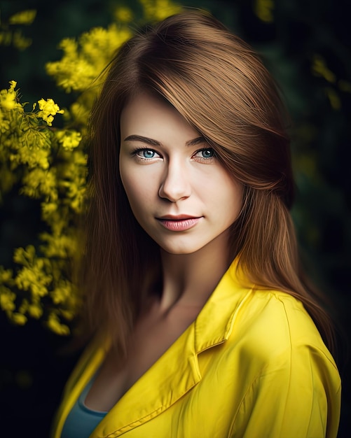 Une femme en veste jaune aux yeux bleus se tient devant un buisson de fleurs jaunes.