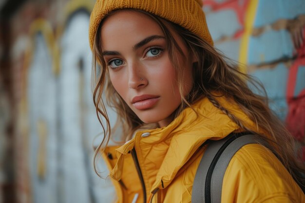 Femme avec une veste jaune et un chapeau