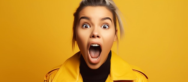 Une femme avec une veste jaune et une grande bouche