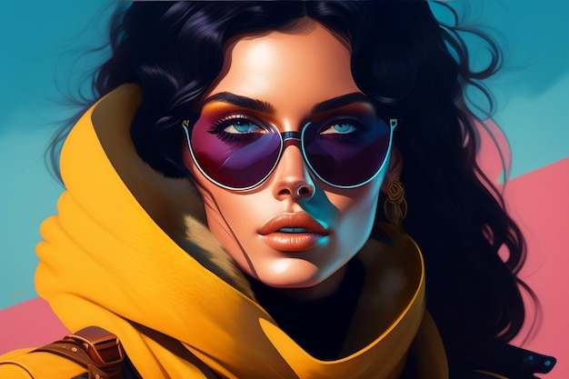 Une femme avec une veste jaune et des lunettes de soleil avec le mot dessus en bas