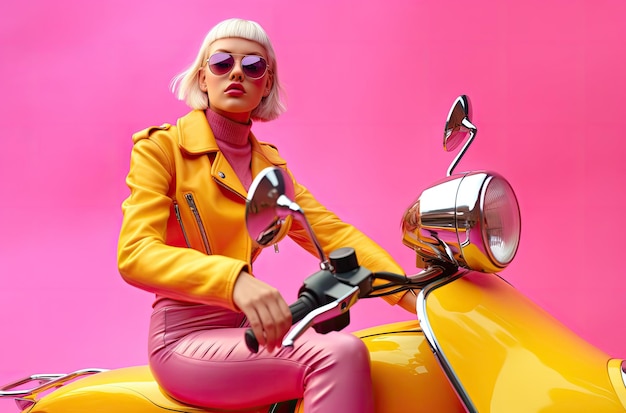 une femme en veste jaune et pantalon rose assise sur un scooter jaune