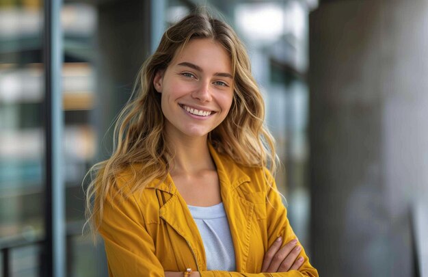 La femme en veste jaune sourit à la caméra