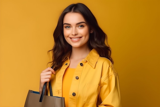 Une femme en veste jaune tient un sac à provisions à la main.