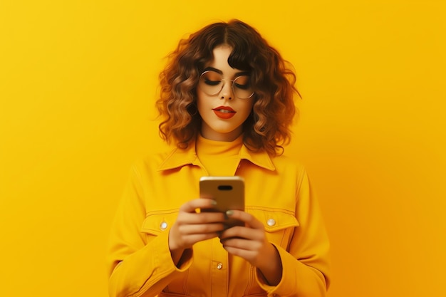 Une femme en veste jaune tient un téléphone et regarde son téléphone