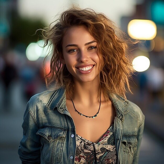 une femme avec une veste en jean et une chemise à imprimé floral se tient dans la rue.