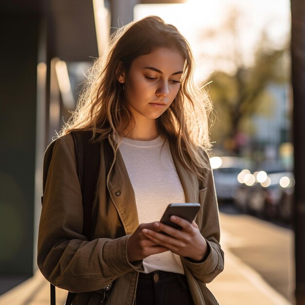 une femme avec une veste marron regarde son téléphone