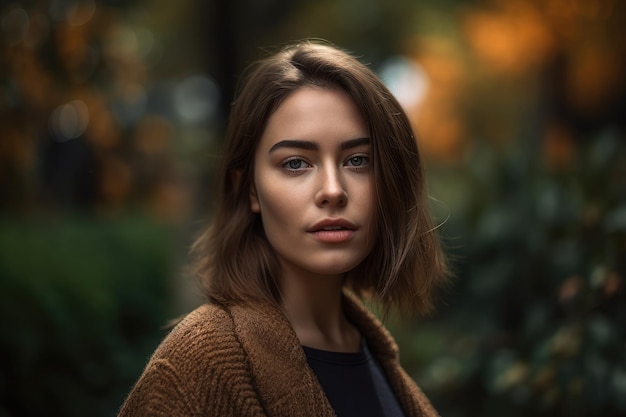 Une femme avec une veste marron et des yeux bleus se tient dans une forêt.